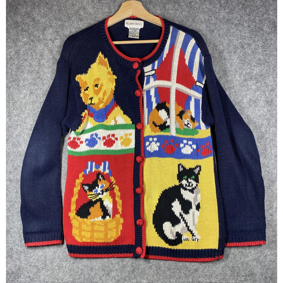 VINTAGE Alexandra Bartlett Sweater Womens Small Navy Cat Novelty Cardigan 90s - Picture 1 of 11